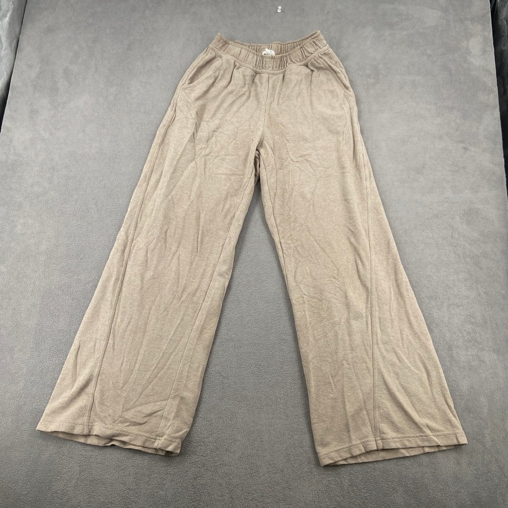 Aerie Womens XS Tan Wide Leg Lounge Pants Elastic Waist Pockets Heathered Soft